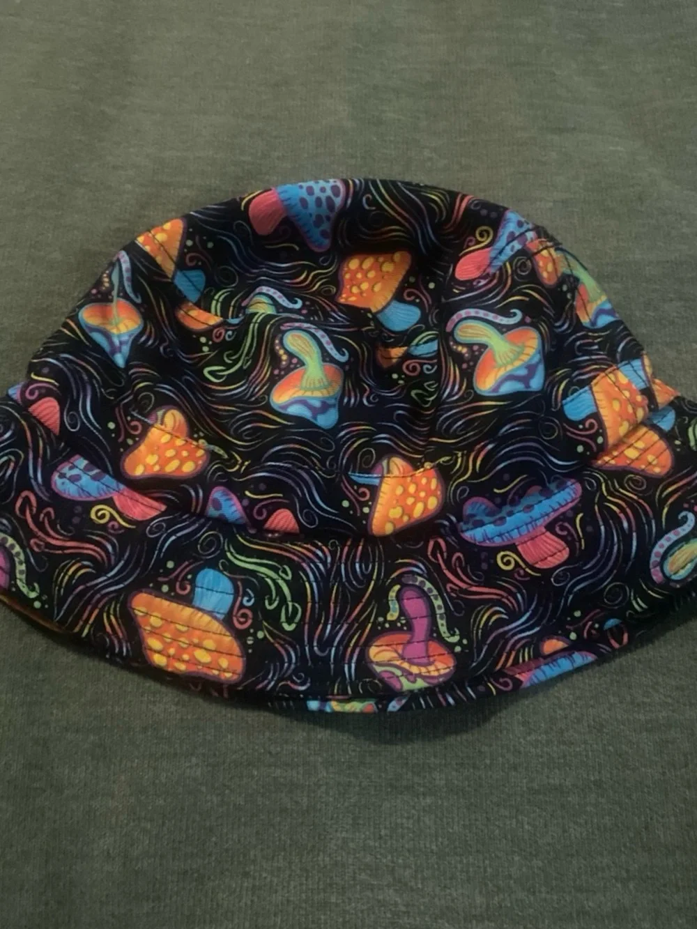 Spencer's Black Bucket Hat with Neon Mushroom Print